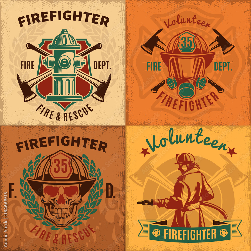 Obraz premium Vintage Firefighting Emblems Set
