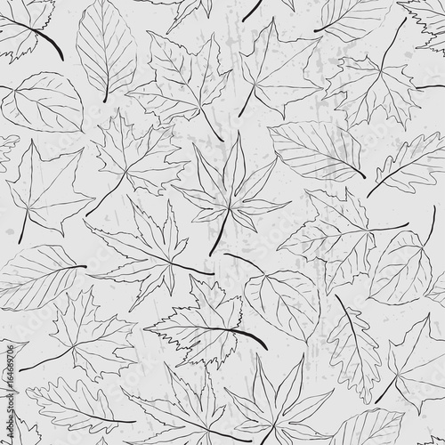 Seamless pattern with outline leaves Monochrome seasonal illustration