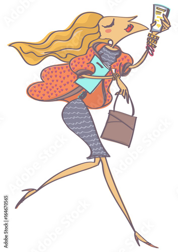 Colorful vector cartoon of stylish blonde woman walking and texting on mobile phone, isolated on white background