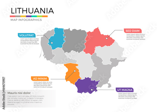 Lithuania map infographics vector template with regions and pointer marks