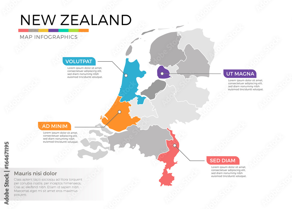 New Zealand map infographics vector template with regions and pointer marks New Zealand map infographics vector template with regions and pointer marks