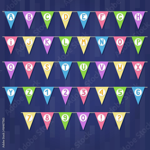 Set of cartoon flag garlands with alphabet: letters and numbers. photo