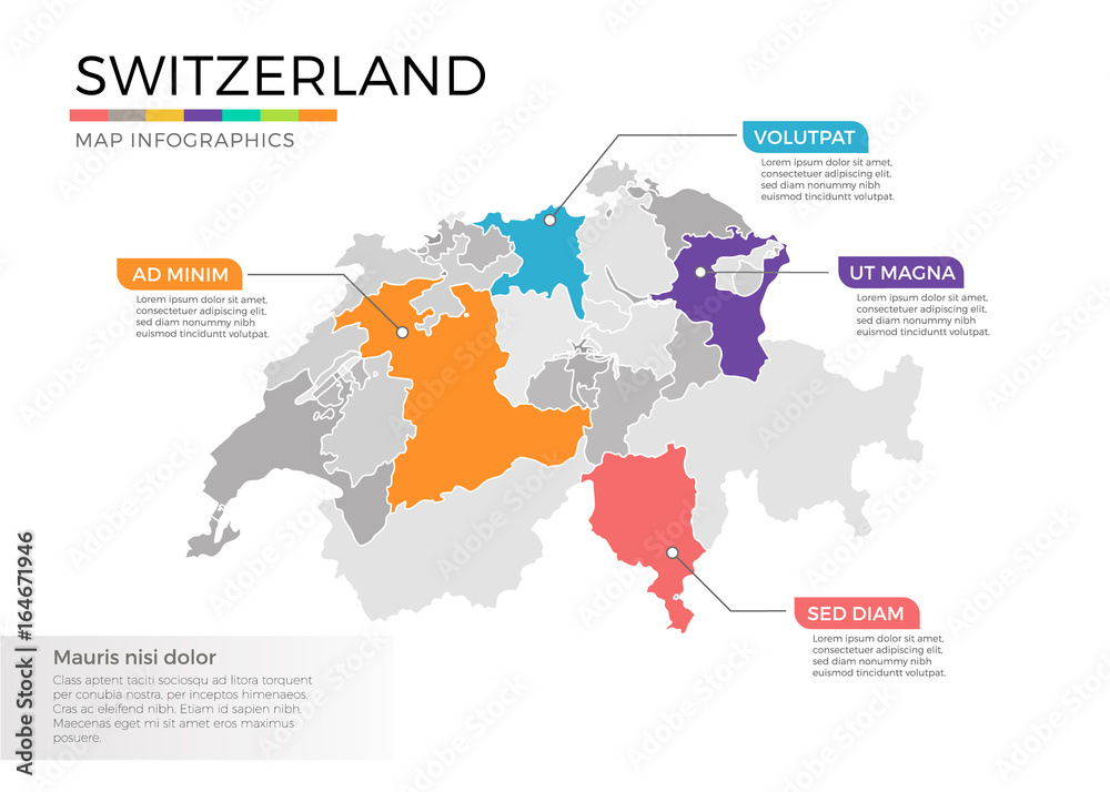 Switzerland map infographics vector template with regions and pointer marks Switzerland map infographics vector template with regions and pointer marks