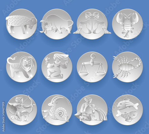 Set of white paper zodiacal signs with figure on circles