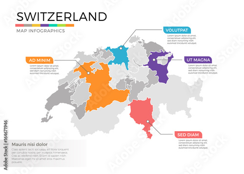 Switzerland map infographics vector template with regions and pointer marks