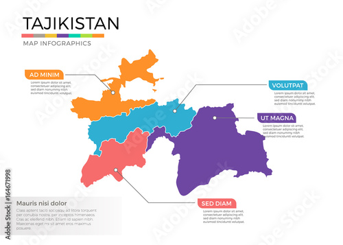 Tajikistan map infographics vector template with regions and pointer marks