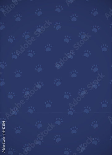 Vertical card. Seamless dark blue pattern with paws.