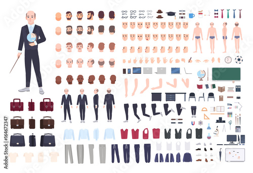 Teacher character constructor. Male lecturer creation set. Different postures, hairstyle, face, legs, hands, accessories, clothes collection. Vector cartoon illustration. Man front, side, back view.