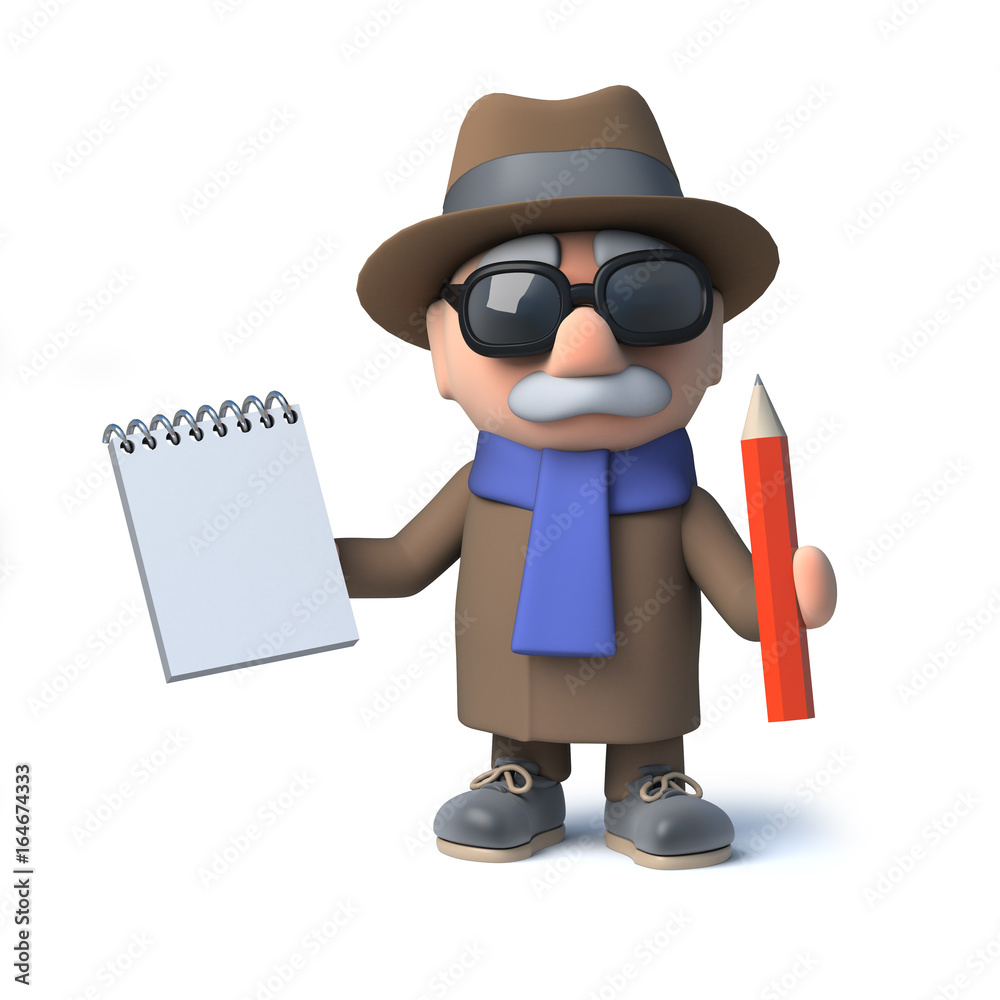 3d Funny cartoon old man character takes notes with pad and pencil 3d Funny cartoon old man character takes notes with pad and pencil