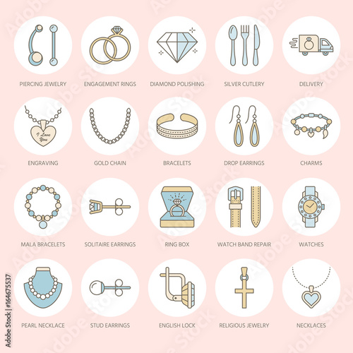 Jewelry flat line icons, jewellery store signs. Jewels accessories - gold engagement rings, gem earrings, silver chain, engraving necklaces, brilliants. Thin linear signs for fashion store.