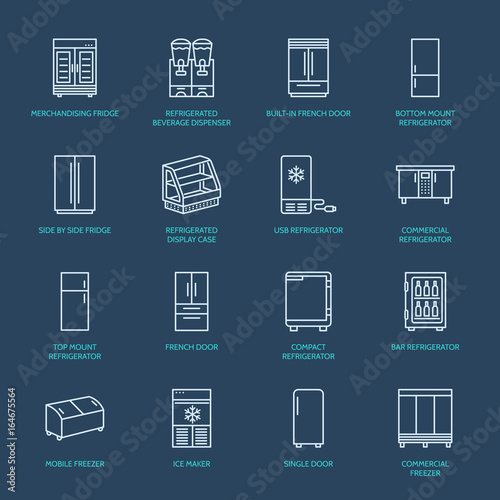 Refrigerators flat line icons. Fridge types, freezer, wine cooler, commercial major appliance, refrigerated display case. Thin linear signs for household equipment shop.