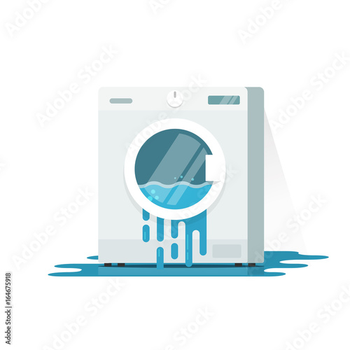 Broken washing machine vector illustration, flat cartoon damaged washer with flowing water on floor need repair isolated on white background