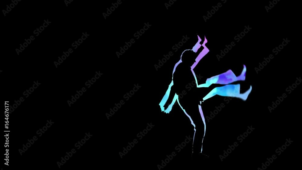 Neon hologram wushu men doing kicks and punches. Black background Neon hologram wushu men doing kicks and punches. Black background