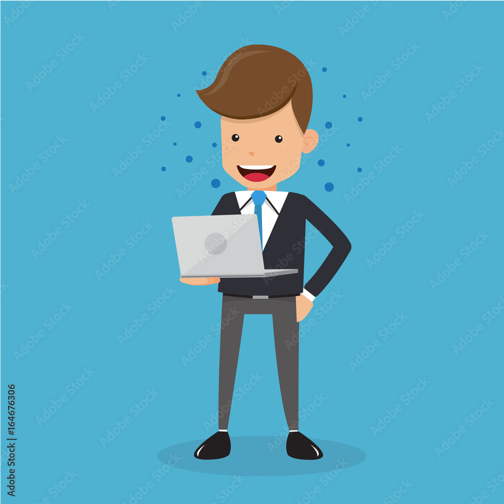 Businessman in Suit and Computer in Hand. Concept Business Vector Illustration Flat Style. Businessman in Suit and Computer in Hand. Concept Business Vector Illustration Flat Style.