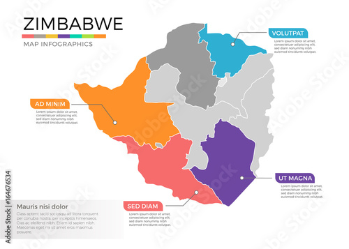Zimbabwe map infographics vector template with regions and pointer marks