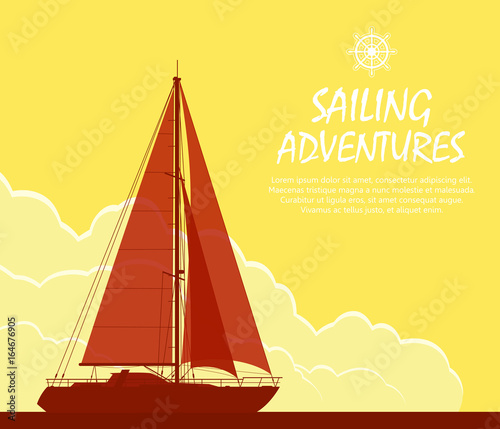 Sailing yacht at sunset. Landscape with luxury yacht on huge cloudy sky background. Vector illustration.