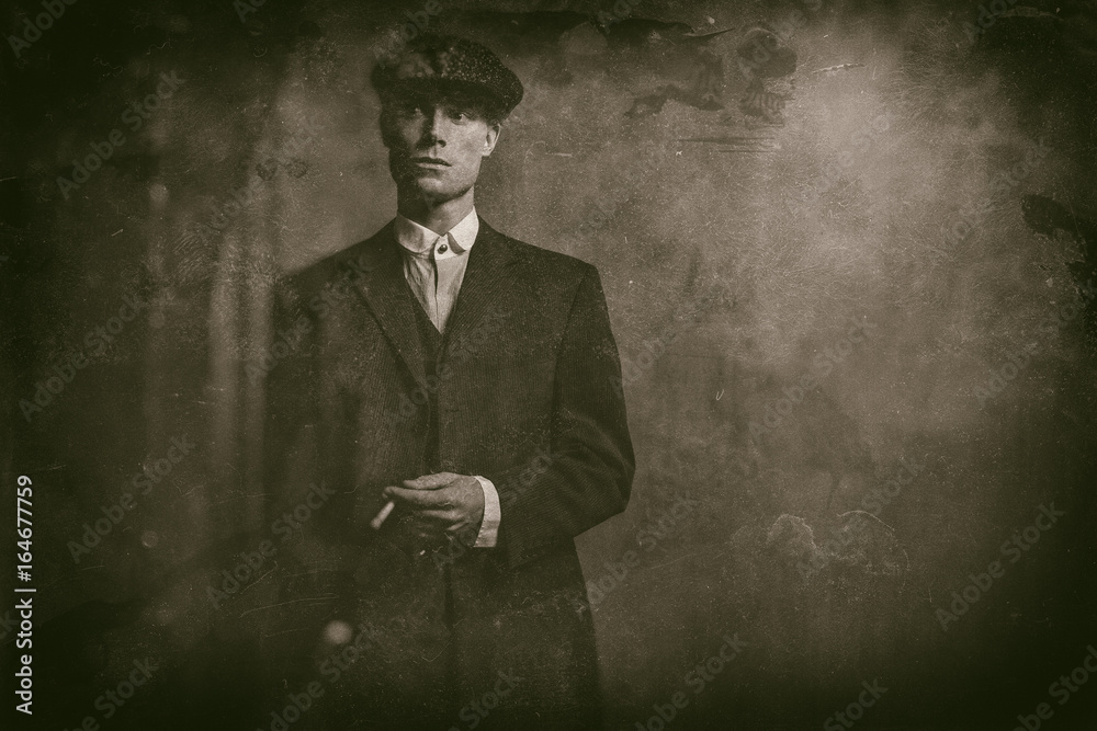Antique wet plate photo of 1920s english gangster standing with ...