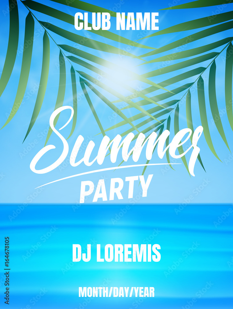 Summer party. Poster of ocean, palms and blue sky with sun.