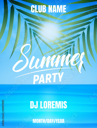 Summer party. Poster of ocean, palms and blue sky with sun.