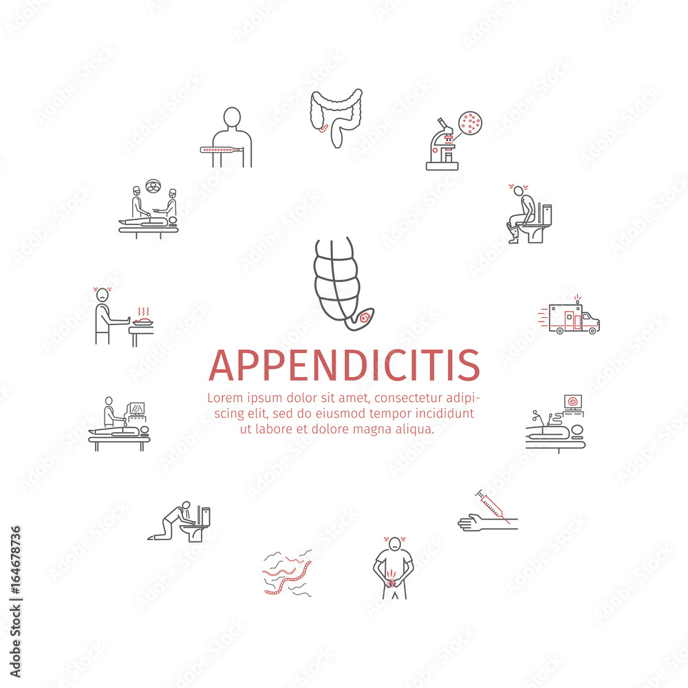 Appendicitis. Symptoms, Treatment. Line icons set. Vector signs