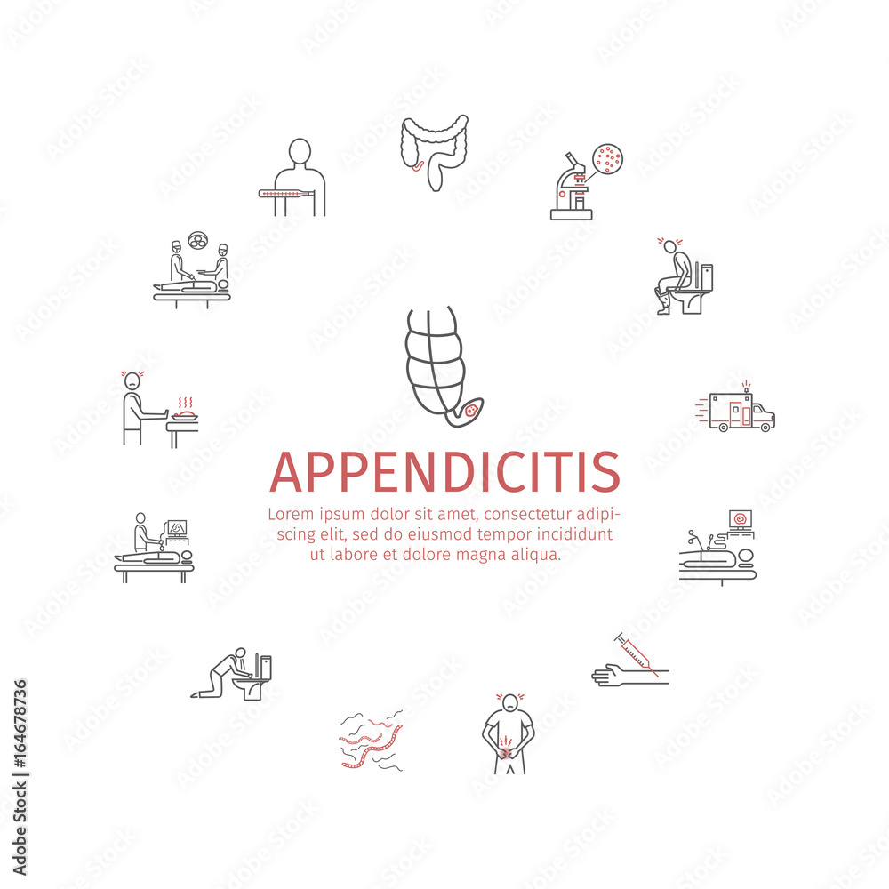 Appendicitis. Symptoms, Treatment. Line icons set. Vector signs Appendicitis. Symptoms, Treatment. Line icons set. Vector signs