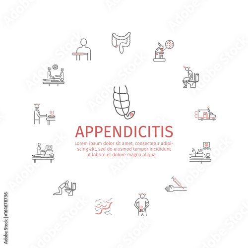 Appendicitis. Symptoms, Treatment. Line icons set. Vector signs