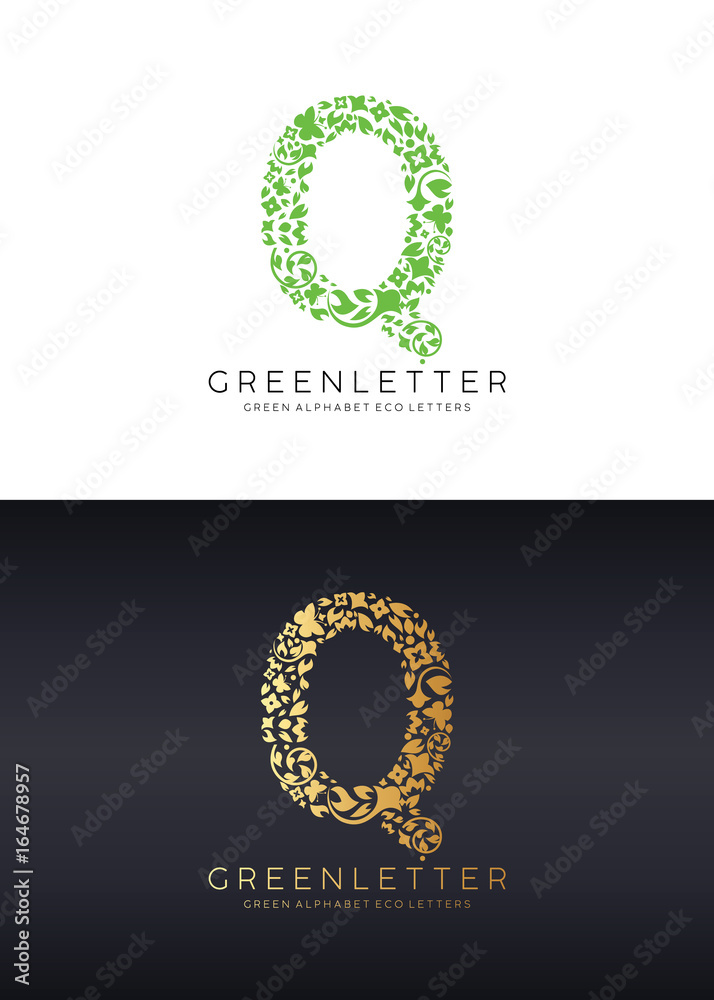Green letter Q logo template with green leafs. Eco design element. Vector illustration. 