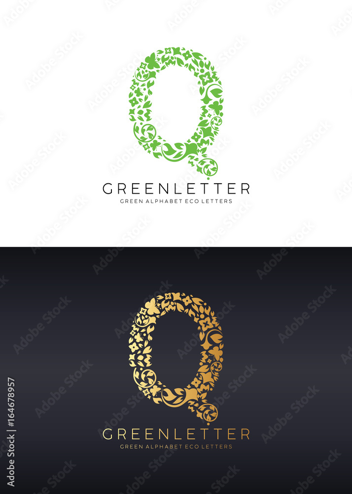Green letter Q logo template with green leafs. Eco design element. Vector illustration. Green letter Q logo template with green leafs. Eco design element. Vector illustration.