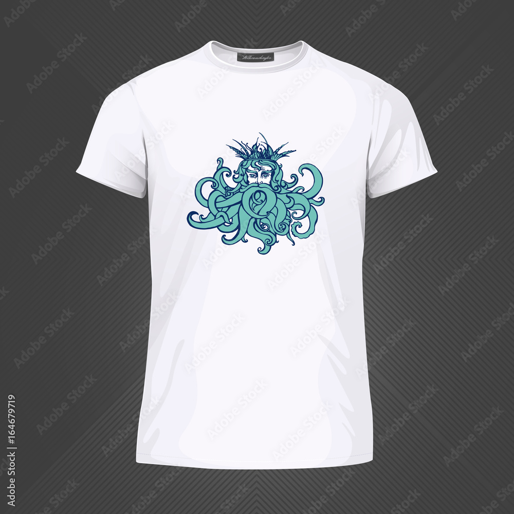 Original print for t-shirt. White t-shirt with fashionable design - Poseidon or Neptune head. Vector Illustration Original print for t-shirt. White t-shirt with fashionable design - Poseidon or Neptune head. Vector Illustration