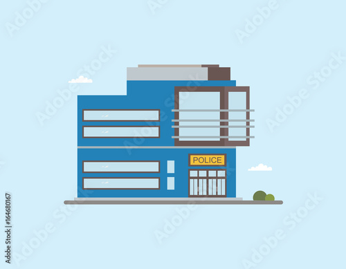 Modern low-rise police station building front view. Colorful flat vector illu...