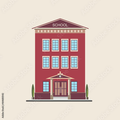 Classic low-rise school building front view. Colorful flat vector illustration.