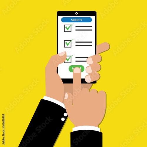 Businessman hand holding tablet with checklist online survey form. Vector illustration business online technology concept.