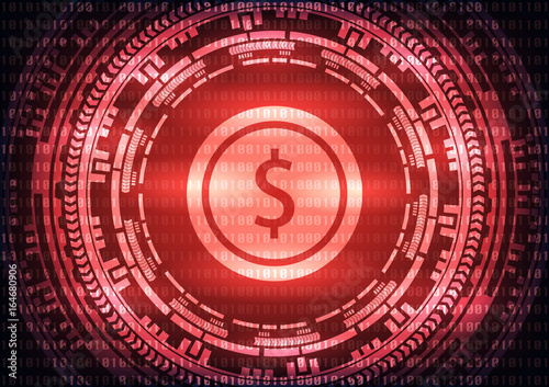 Abstract technology dollar logo on binary code and gear red background . Vector illustration cybercrime and cyber security concept.
