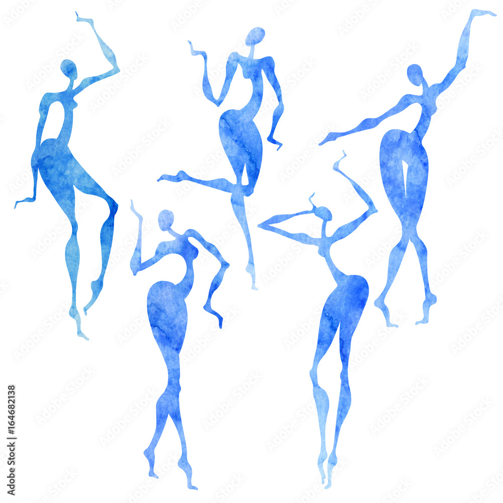 Blue watercolor silhouettes of dancing girls on a white background. Five  isolated elements for design.