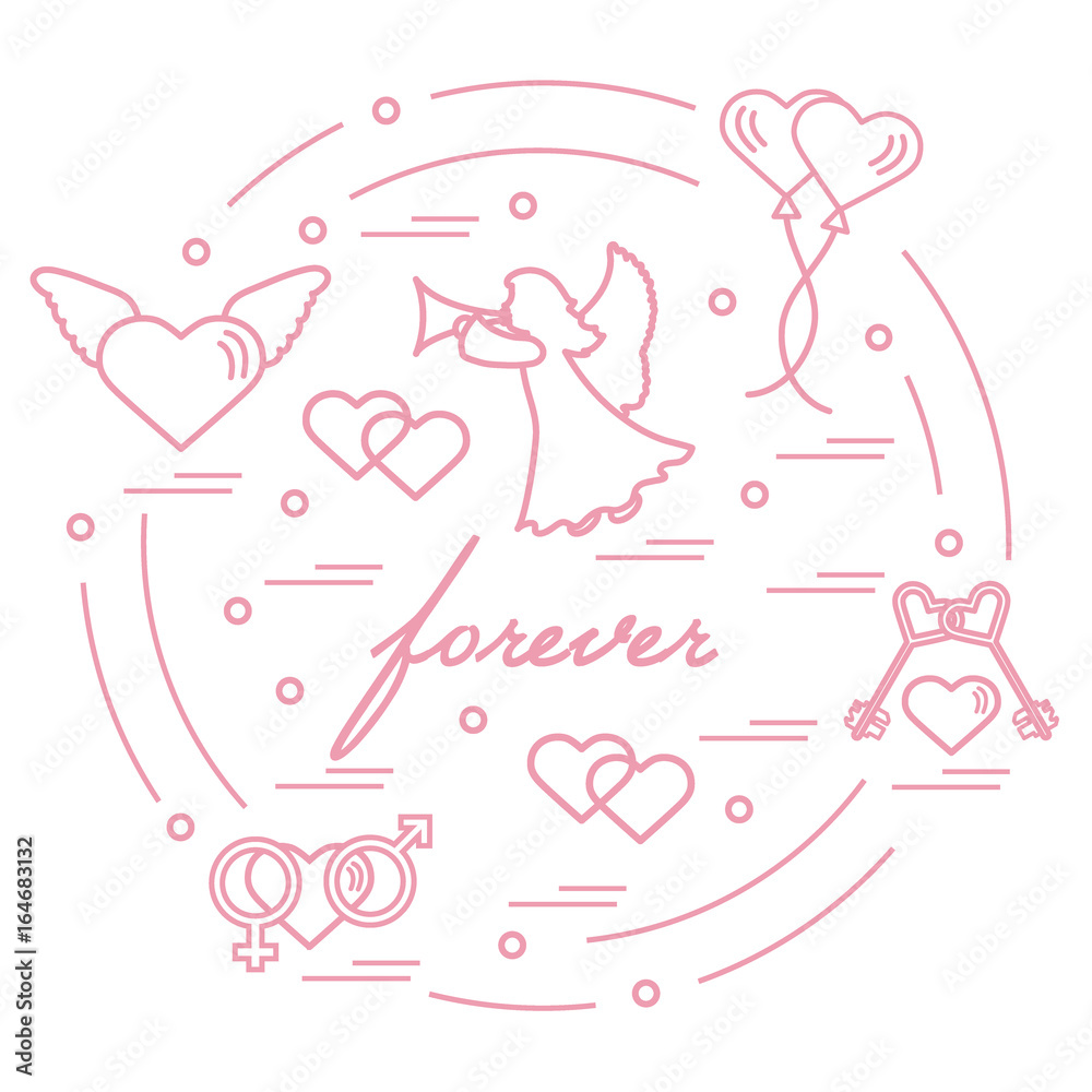 Cute vector illustration with different love symbols: hearts, air balloons, key, angel and other arranged in a circle. Cute vector illustration with different love symbols: hearts, air balloons, key, angel and other arranged in a circle.