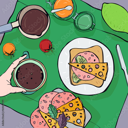 Breakfast top view. Square with luncheon. Healthy, fresh brunch coffee, lime,...