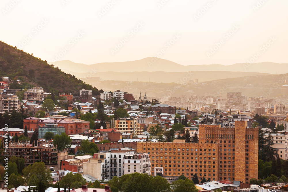 Fototapeta premium Sunset panorama view of Tbilisi, capital of Georgia country, from Narikala fortress.