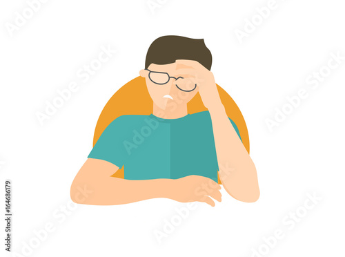 Handsome man in glasses depressed, sad, weak. Flat design icon. Boy with feeble depression emotion. Simply editable isolated on white vector sign