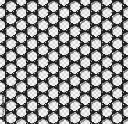 Graphene transparent seamless pattern vector illustration. Carbon atoms forming black hexagonal mesh like graphene monolayer seamless texture. Science or nanotechnology design element.