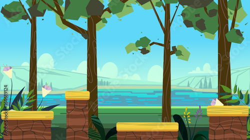 Cute cartoon seamless landscape with separated layers, summer day illustration, fits on mobile devices and may be scaled for desktop size. 1920x1080