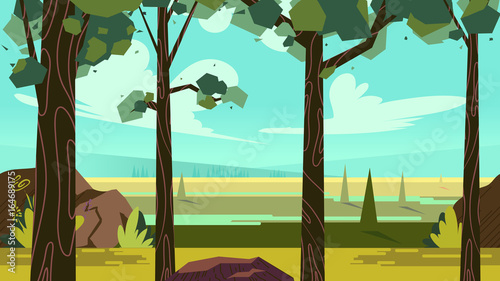 Cute cartoon seamless landscape with separated layers, summer day illustration, fits on mobile devices and may be scaled for desktop size. 1920x1080