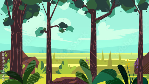 Cute cartoon seamless landscape with separated layers, summer day illustration, fits on mobile devices and may be scaled for desktop size. 1920x1080