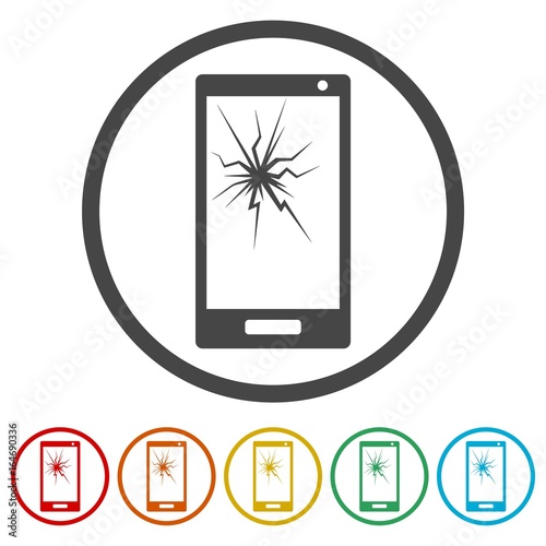 Mobile phone icons set with smashed screen - Illustration 