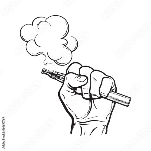 Male hand holding e-cigarette, electronic cigarette, vapor with smoke coming out, black and white sketch vector illustration isolated on background.