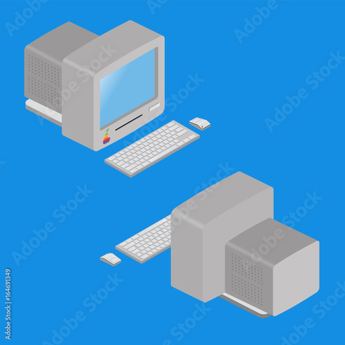 isometric old computer on blue background