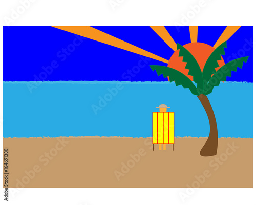 beach scene showing person in deck chair under palm tree on sandy beach with blue skies and sea.