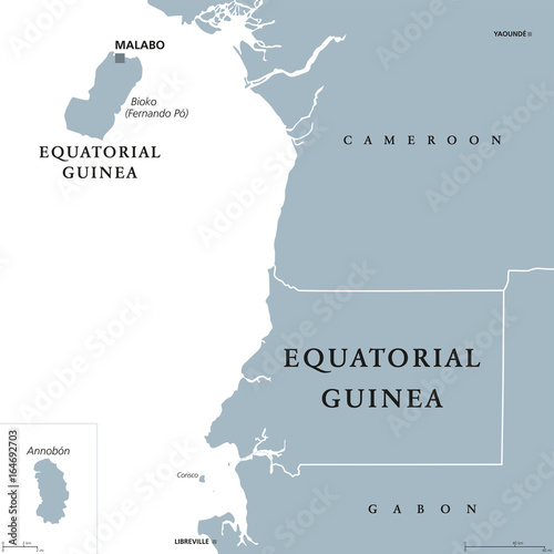 Equatorial Guinea political map with capital Malabo on Bioko or Fernando Po island. Republic. Country in Central Africa. Formerly Spanish Guinea. Gray illustration over white. English labeling. Vector