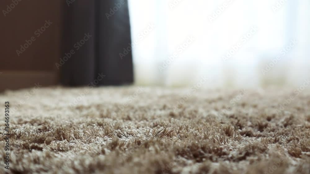 Synthetic carpet on the laminate in the home interior. Close-up
