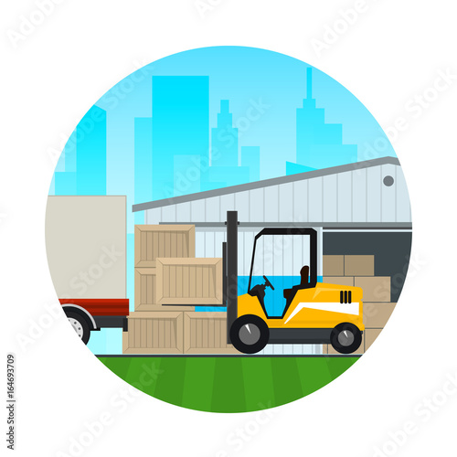 Warehouse Services ,Warehouse with Forklift Truck on the Background of the City , Icon Transportation and Cargo Services and Storage, Vector Illustration © serz72