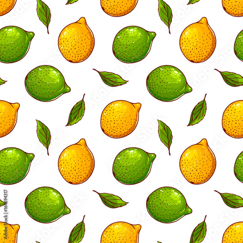 Cute seamless pattern made of hand drawn colorful lemons, limes and leaves.